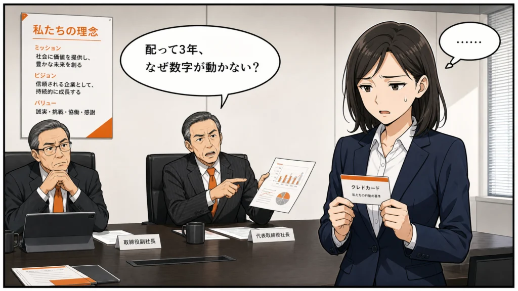 役員会で「クレドカードを配って3年経つのに数字が動かない」と問われ、答えに詰まる広報担当者を描いた1コマ漫画