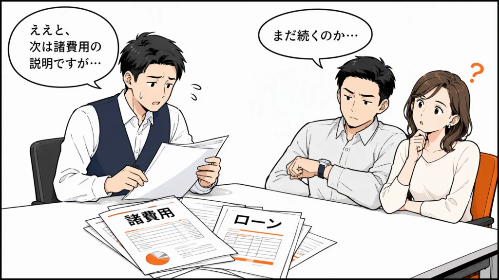 1コマ漫画：不動産会社の面談席で、住宅ローンの説明が長引き、購入検討の夫婦が時計を見て、営業担当が資料をめくる様子