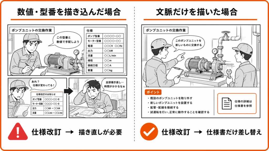 数値を描き込んだマンガは仕様改訂で描き直しになり、文脈だけのマンガは仕様書の差し替えで済む違いを示した対比図