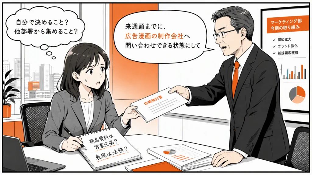 広告漫画の準備を、自分で決める項目と他部署から集める材料の2列に分けて示す1コマ漫画。マーケ担当の女性が部長から依頼を受け、材料の持ち主を確かめる場面