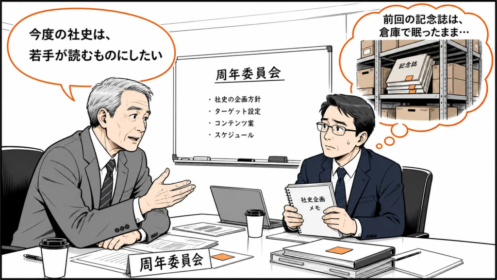周年委員会で社長が「若手が読む社史にしたい」と話し、事務局の課長が倉庫に眠る前回の記念誌を思い浮かべる1コマ漫画