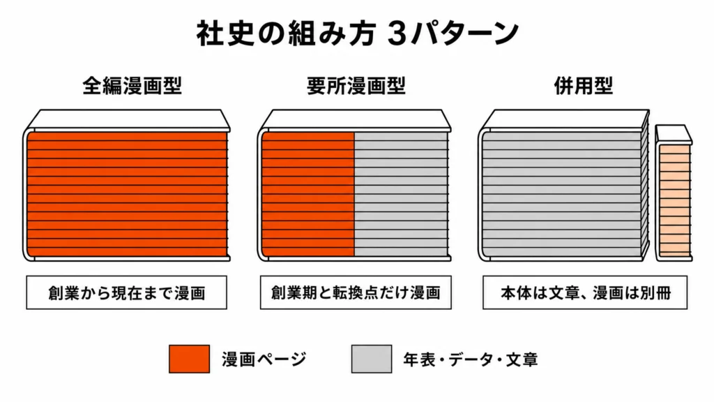 社史の組み方3パターンを冊子の断面で比較した図。全編漫画型・要所漫画型・併用型で、漫画ページと資料編の比率が異なる様子