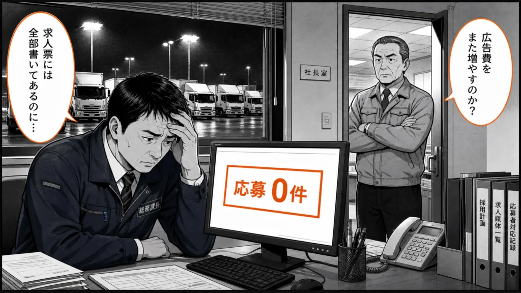夜の事務所で、応募ゼロの求人ページを見つめる40代男性の採用担当と、「広告費をまた増やすのか」と問う社長を描いた1コマ漫画